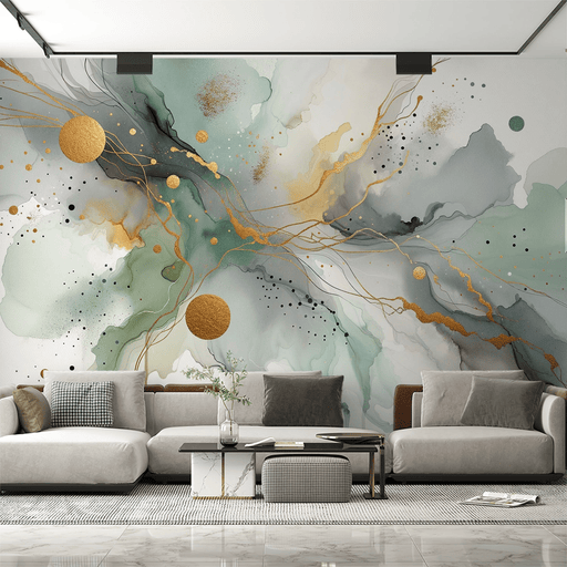 Ink style wallpaper mural | Abstract art with green, gray, and gold color schemes - Carving wallpaper
