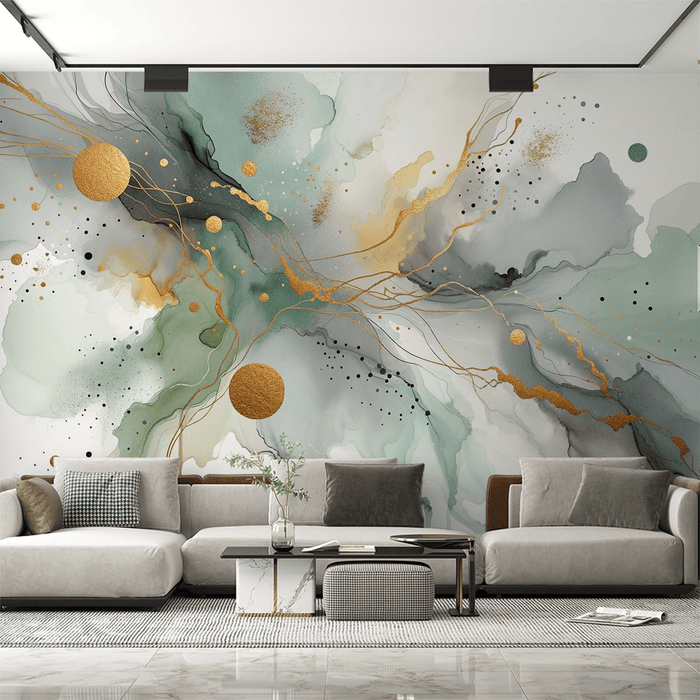 Ink style wallpaper mural | Abstract art with green, gray, and gold color schemes - Carving wallpaper