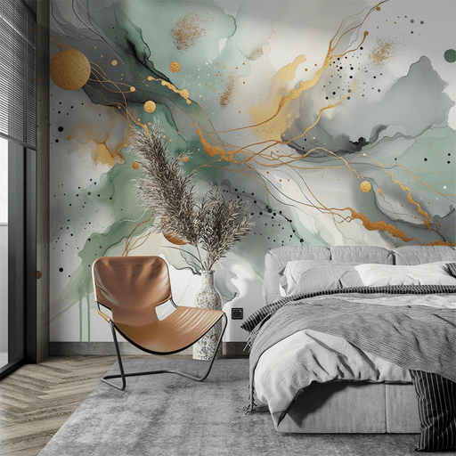 Ink style wallpaper mural | Abstract art with green, gray, and gold color schemes - Carving wallpaper
