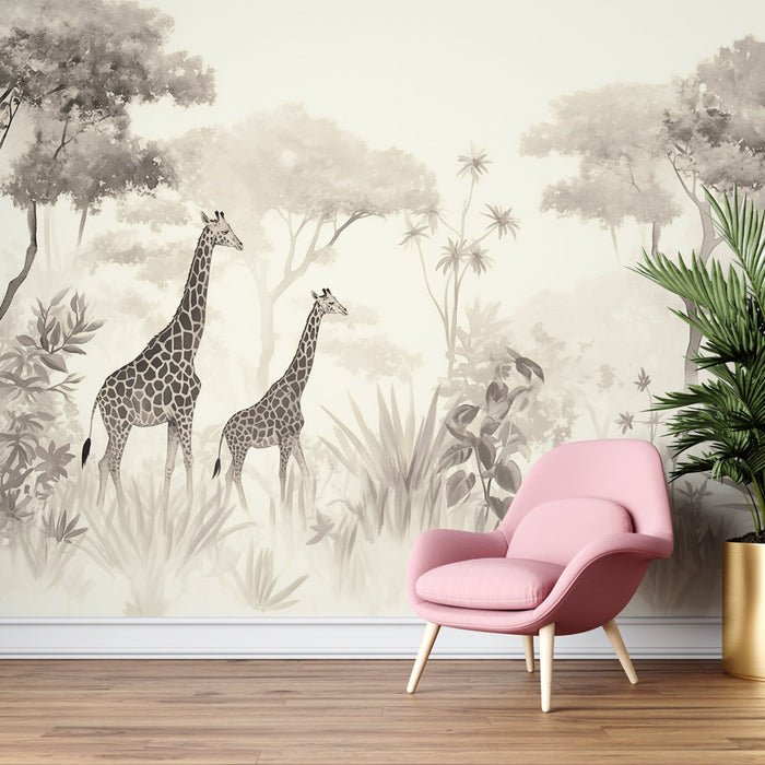 Ink wash style animal wallpaper mural | Giraffe jungle pattern - Carving wallpaper