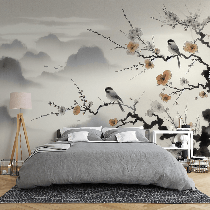 Japanese Cherry Blossom Wallpaper Mural | With Relief and Birds - Carving wallpaper