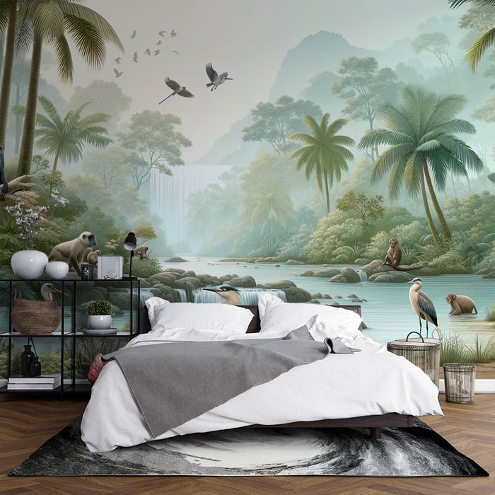 Jungle Animal Wallpaper Mural | Monkeys, Egrets, Birds, and Flying Birds - Carving wallpaper