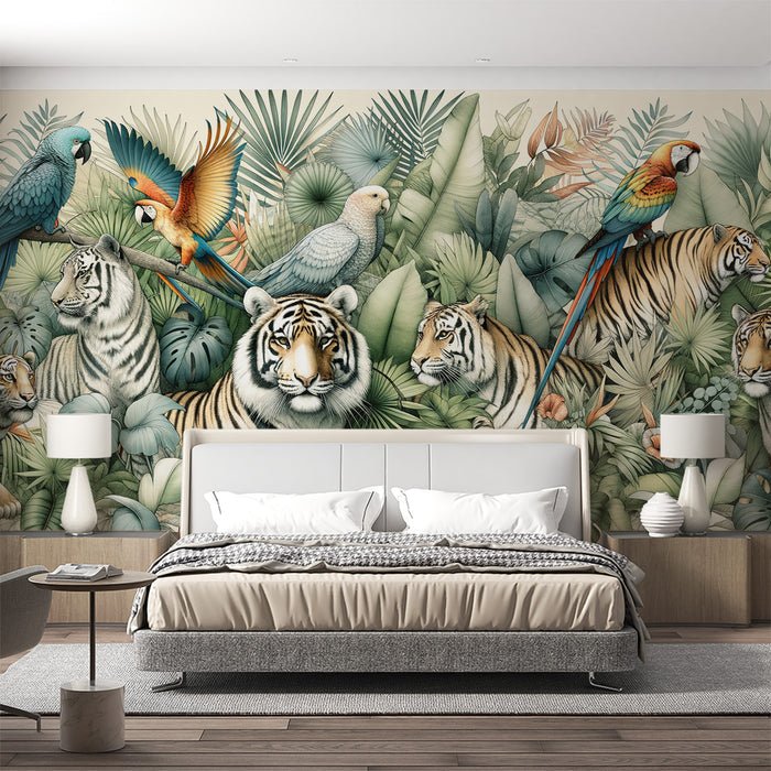 Jungle Animal Wallpaper Mural | Tigers and Parrots in Tropical Vegetation - Carving wallpaper