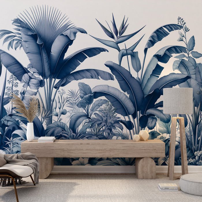 Jungle Blue Duck Wallpaper Mural | Blue Flower Composition - Carving wallpaper