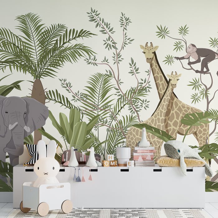 Jungle Children Wallpaper Mural | Giraffes and Elephants - Carving wallpaper