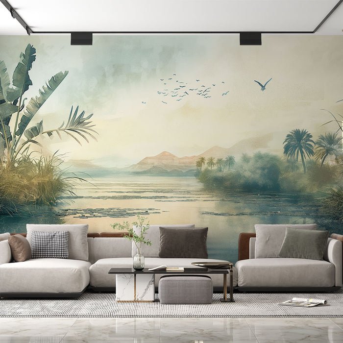 Landscape Lake Wallpaper Mural | Green Plants and Flying Birds - Carving wallpaper