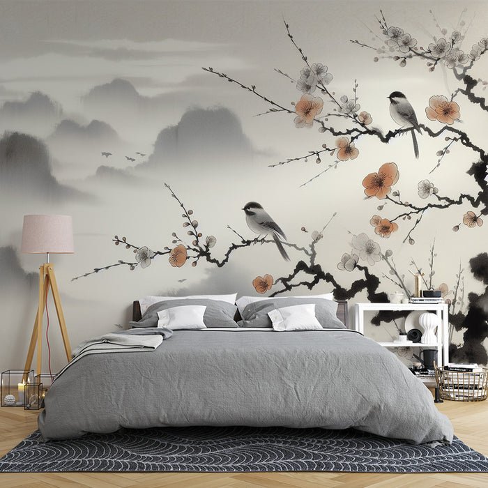 Landscape Plum Blossom Wallpaper Mural | Chinese Ink Painting Flowers and Birds - Carving wallpaper