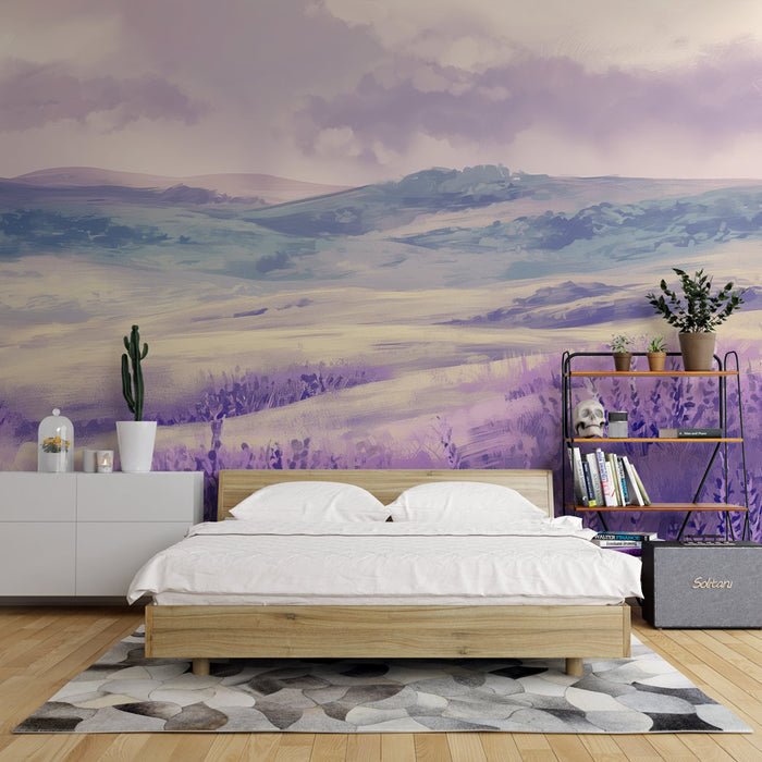 Lavender countryside wallpaper mural | Light colored scenery - Carving wallpaper
