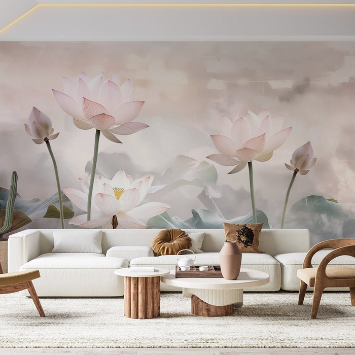 Lotus Wallpaper Mural | Blooming Lotus Flowers and Stretching Lotus Leaves - Carving wallpaper