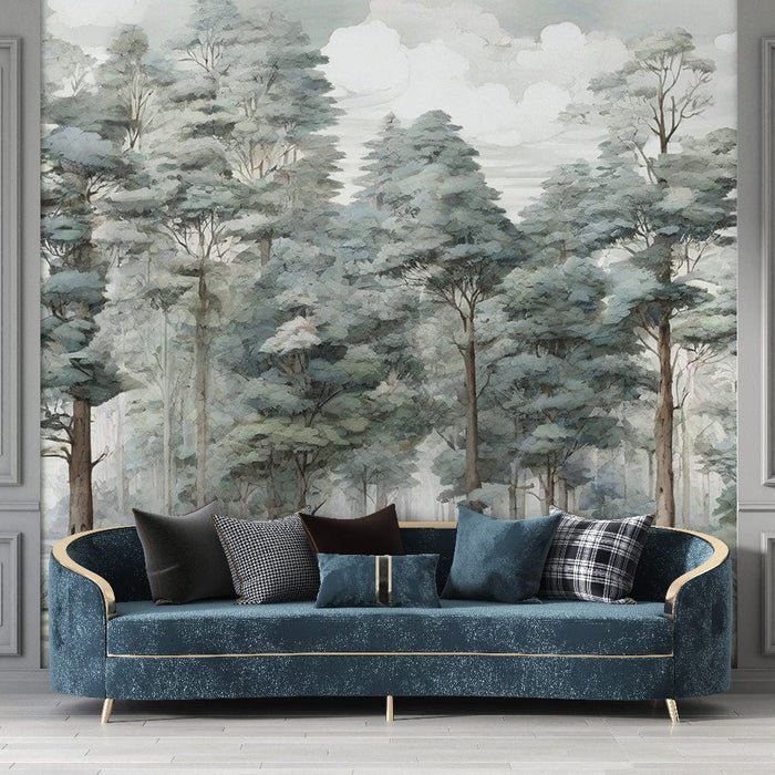 Misty Forest Wallpaper Mural | Blue Green Tone - Carving wallpaper