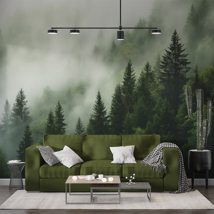 Misty Forest Wallpaper Mural | Thick Pine Forest - Carving wallpaper