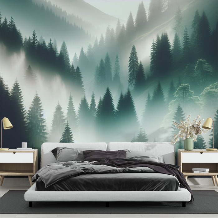 Misty Pine Forest Wallpaper Mural | Deep Green Tone - Carving wallpaper