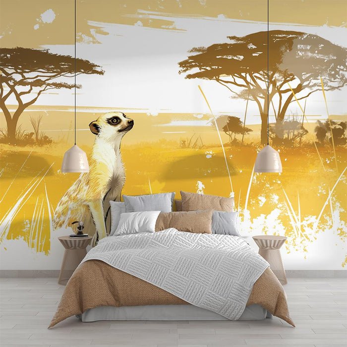 Mongoose Grassland Wallpaper Mural | Hand drawn Art Style - Carving wallpaper