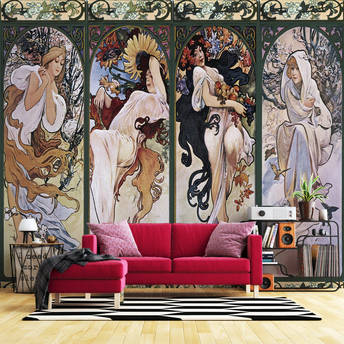 Mucha style wallpaper mural | Four Seasons Goddess Art - Carving wallpaper