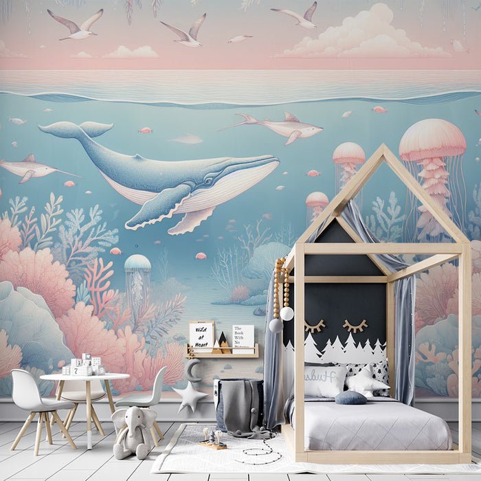 Ocean Wallpaper Mural | Jellyfish, Whales, and Giant Coral - Carving wallpaper