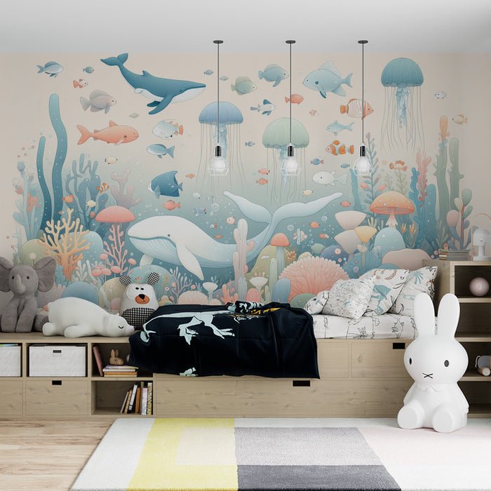 Ocean Wallpaper Murals | Underwater Animals and Plants with Soft Tones - Carving wallpaper