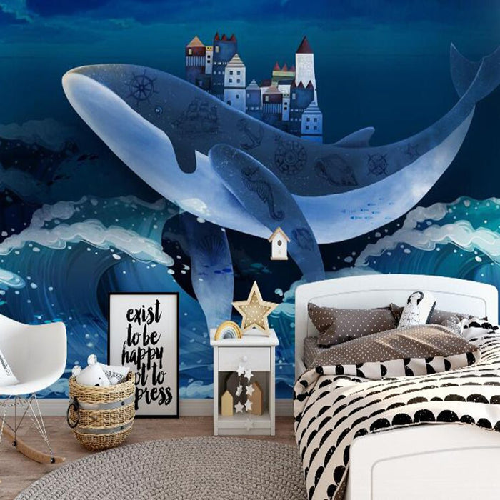 Ocean Whale Wallpaper Mural | Giant Whale Carrying Castle Full of Fantasy Colors - Carving wallpaper