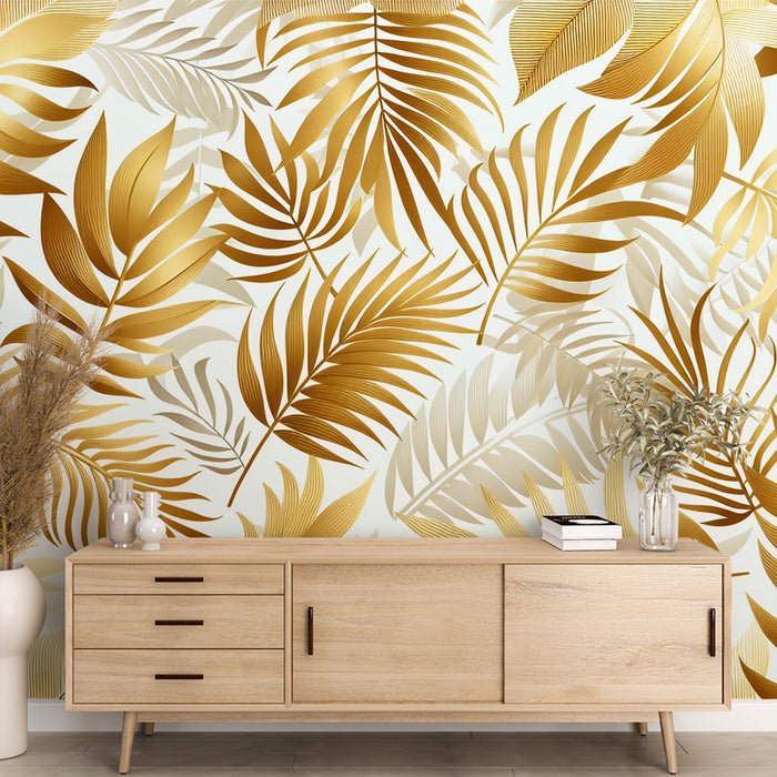Palm Leaf Wallpaper Mural | Golden Leaves on a White Background - Carving wallpaper