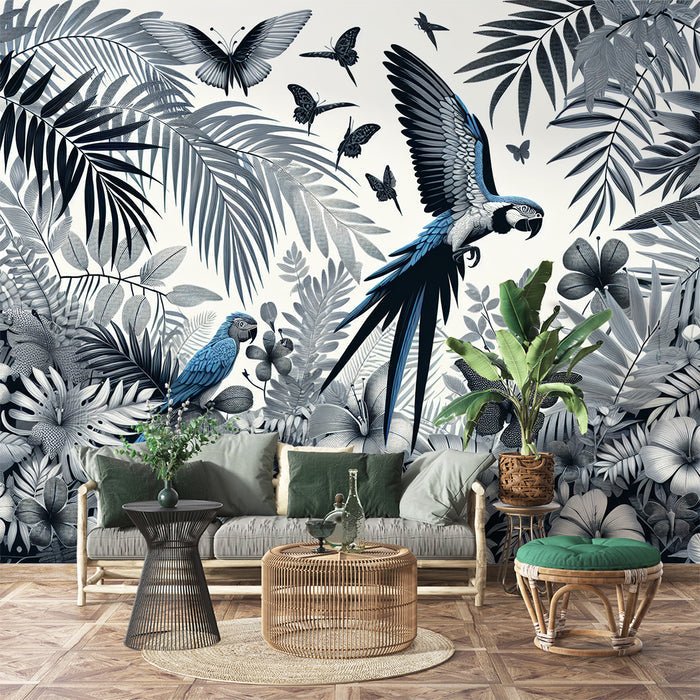 Parrot Wallpaper Mural | Black and White, Jungle - Carving wallpaper
