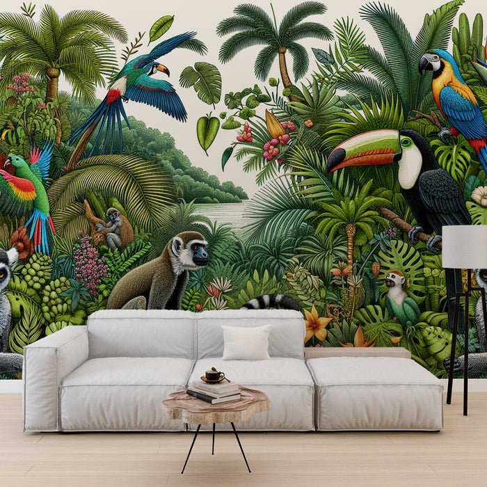 Parrot Wallpaper Mural | toucans, monkeys, and parrots in tropical jungles - Carving wallpaper