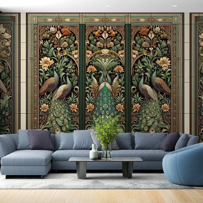 Peacock Flower Wallpaper Mural | Multi link Decoration - Carving wallpaper