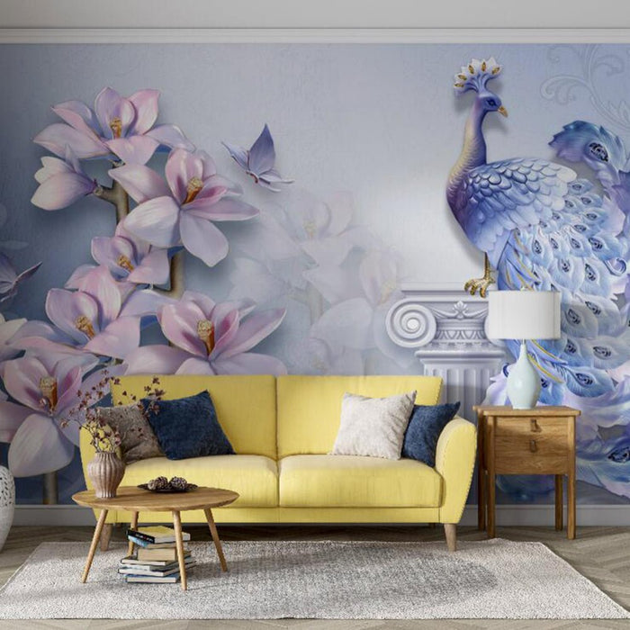 Peacock Wallpaper Mural | Blue Purple Flower Peacock - Carving wallpaper