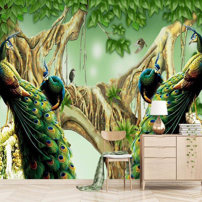 Peacock Wallpaper Mural | Natural Green Forest Peacock - Carving wallpaper