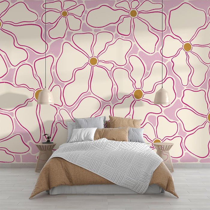Pink floral wallpaper mural | Geometric flowers - Carving wallpaper