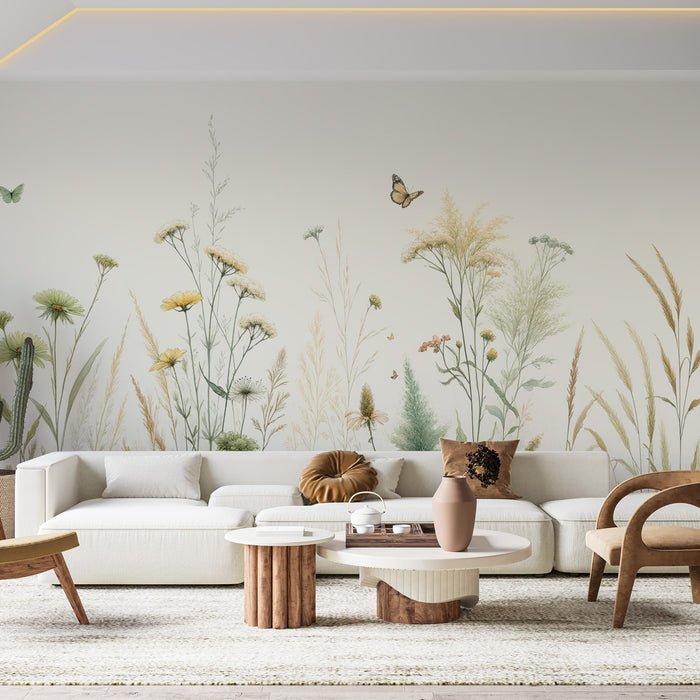 Pink flower wallpaper mural | Neutral toned flower field - Carving wallpaper