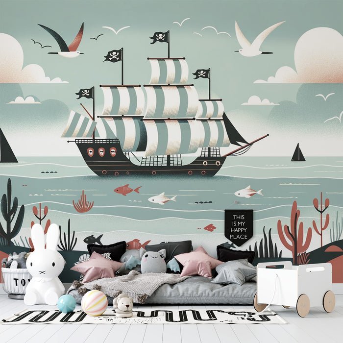 Pirate Wallpaper Mural | Fish and Underwater Treasures - Carving wallpaper