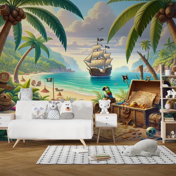 Pirate Wallpaper Mural | Treasure Map Under Coconut Trees - Carving wallpaper