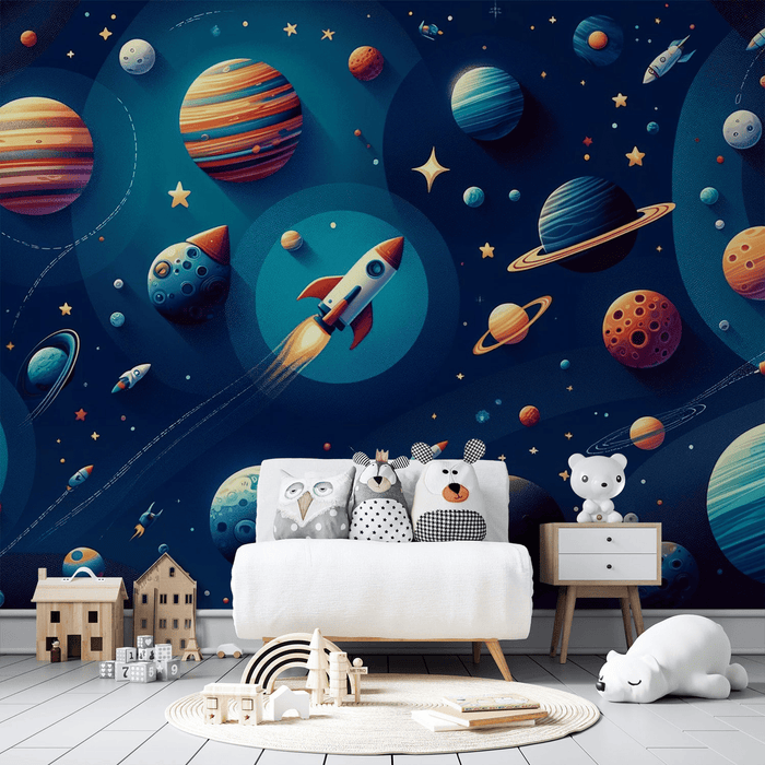 Planets and Rockets in Space Wallpaper Cartoon - Carving wallpaper