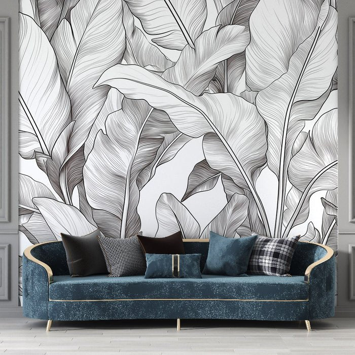 Plant Leaf Wallpaper Mural | Black and White Leaves - Carving wallpaper