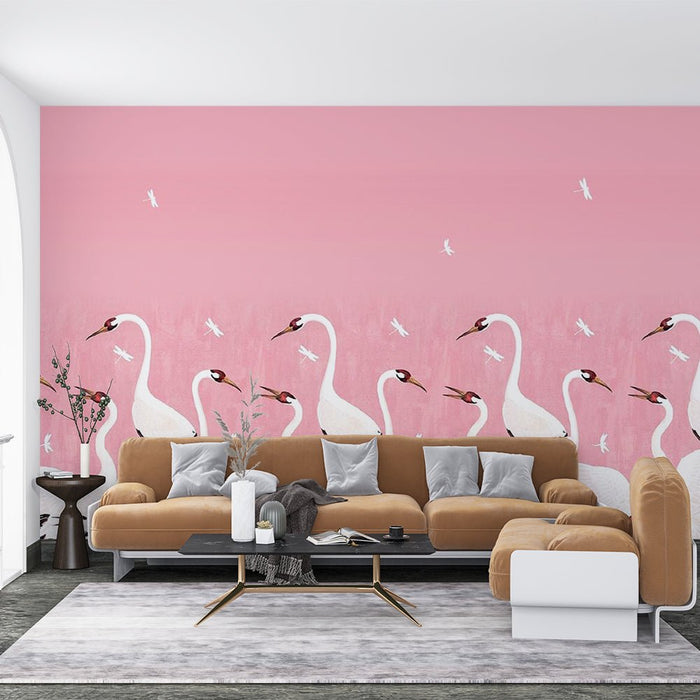 Powder Crane and dragonfly wallpaper mural | fresh and soft, warm atmosphere - Carving wallpaper