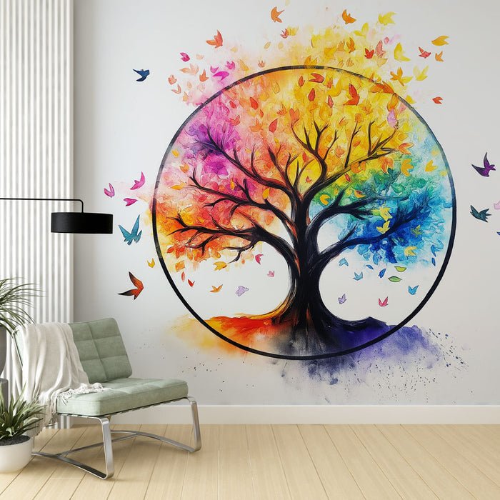 Rainbow Tree Watercolor Wallpaper Mural | Colorful Flying Birds - Carving wallpaper