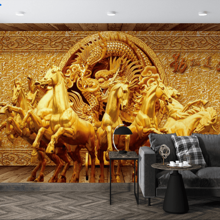 Relief horse wallpaper murals | Golden dragon eight Jun patterns show the luxurious atmosphere - Carving wallpaper