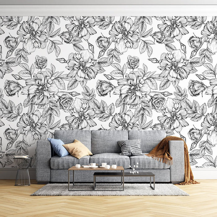 Retro black and white rose wallpaper mural | Hand drawn floral sketches - Carving wallpaper