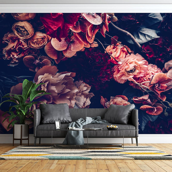 Retro dark floral wallpaper mural | Deep background with pink brown flowers - Carving wallpaper