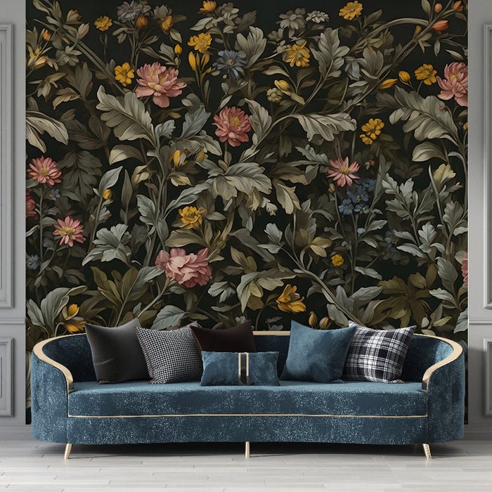 Retro floral wallpaper mural | Neutral floral mural on dark background - Carving wallpaper