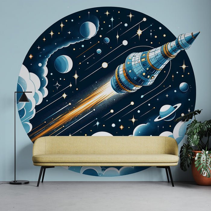 Rocket Space Wallpaper Mural | Star shaped Circle - Carving wallpaper