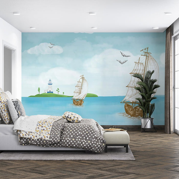 Sea view sailboat wallpaper mural | Lighthouse flying bird - Carving wallpaper