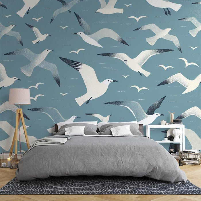 Seagull pattern wallpaper mural | Light blue flying bird - Carving wallpaper