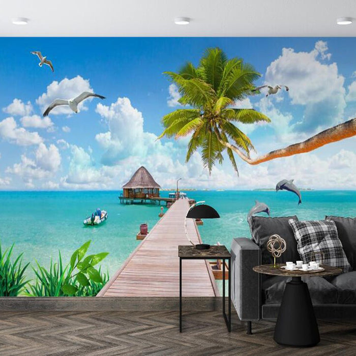 Seaside Landscape Mural | Coconut Tree Pier Showcases Tropical Style Wallpaper - Carving wallpaper