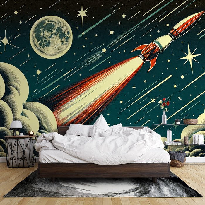 Space wallpaper mural | Cartoon style rocket takeoff - Carving wallpaper