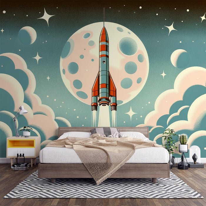 Space Wallpaper Mural | Rocket Launch to Moon Landing - Carving wallpaper