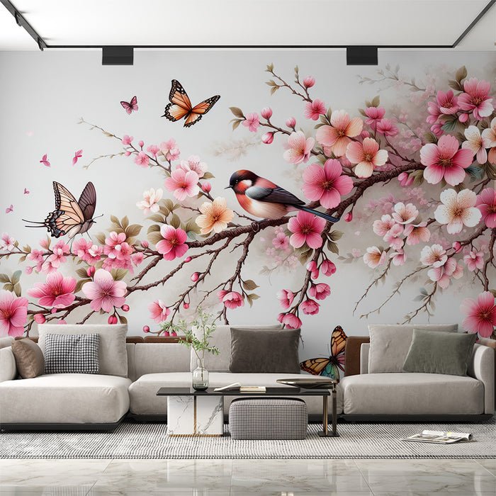 Spring Flower and Bird Wallpaper Mural | Pink Peach Blossoms - Carving wallpaper