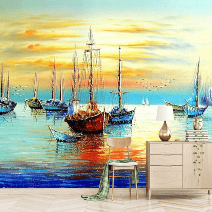 Sunset Boat Wallpaper mural | A magnificent painting of the harbour sunset - Carving wallpaper