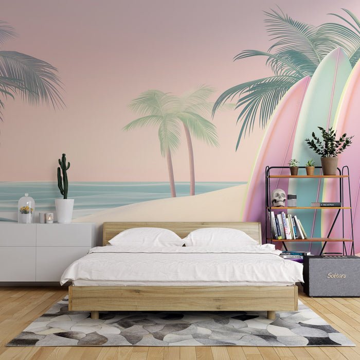 Surfing Wallpaper Mural | Pink Painting Board and Beach - Carving wallpaper