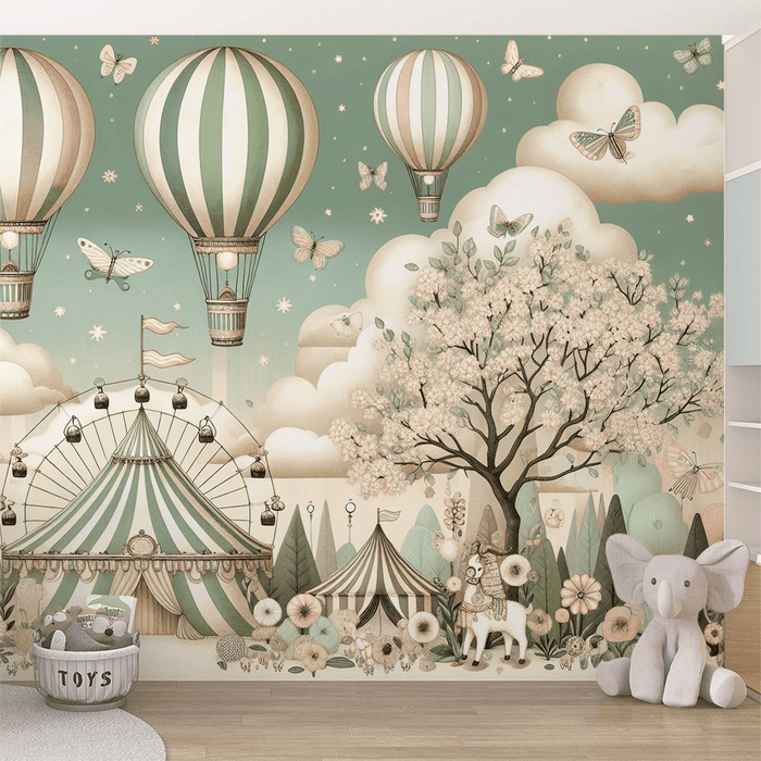 The children's room wallpaper features a circus with hot air balloons, butterflies, and imaginary animals - Carving wallpaper