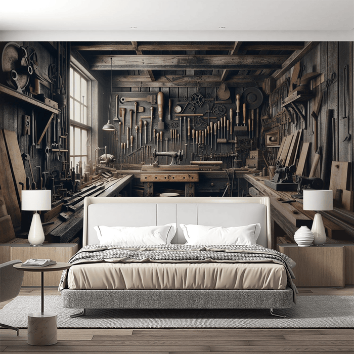 Tool wallpaper mural | Old workshop equipped with machines and tools - Carving wallpaper